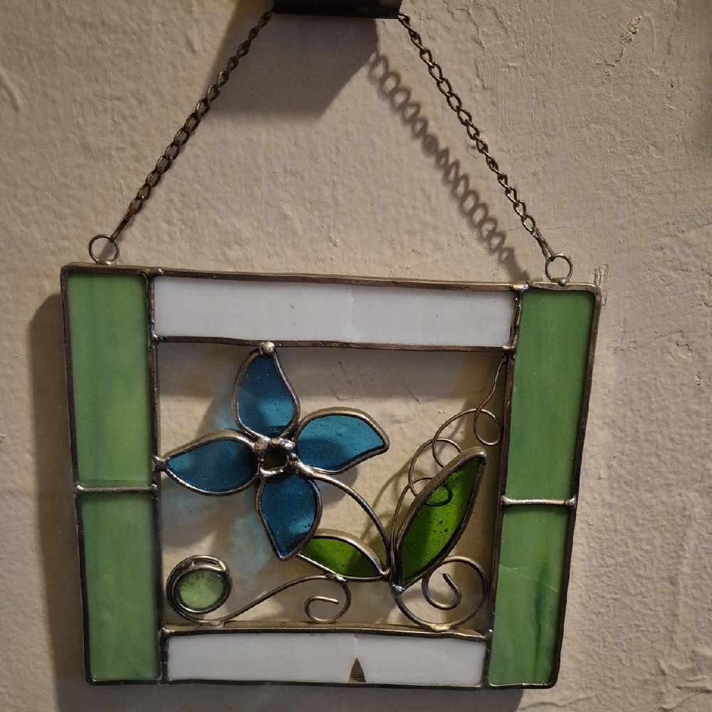Stained Glass Hanging Art with Blue and Green Design